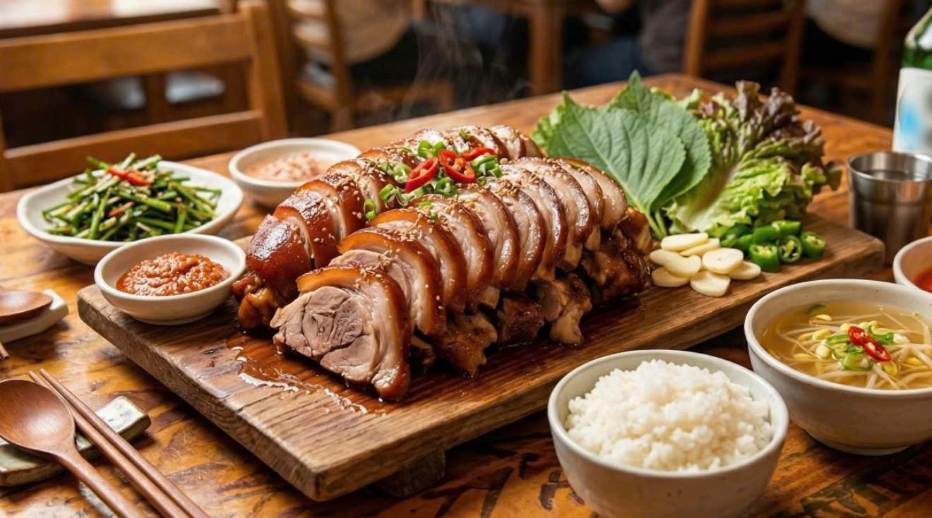 Chân giò hầm Joko bày cùng kim chi, rau ssam và cơm
